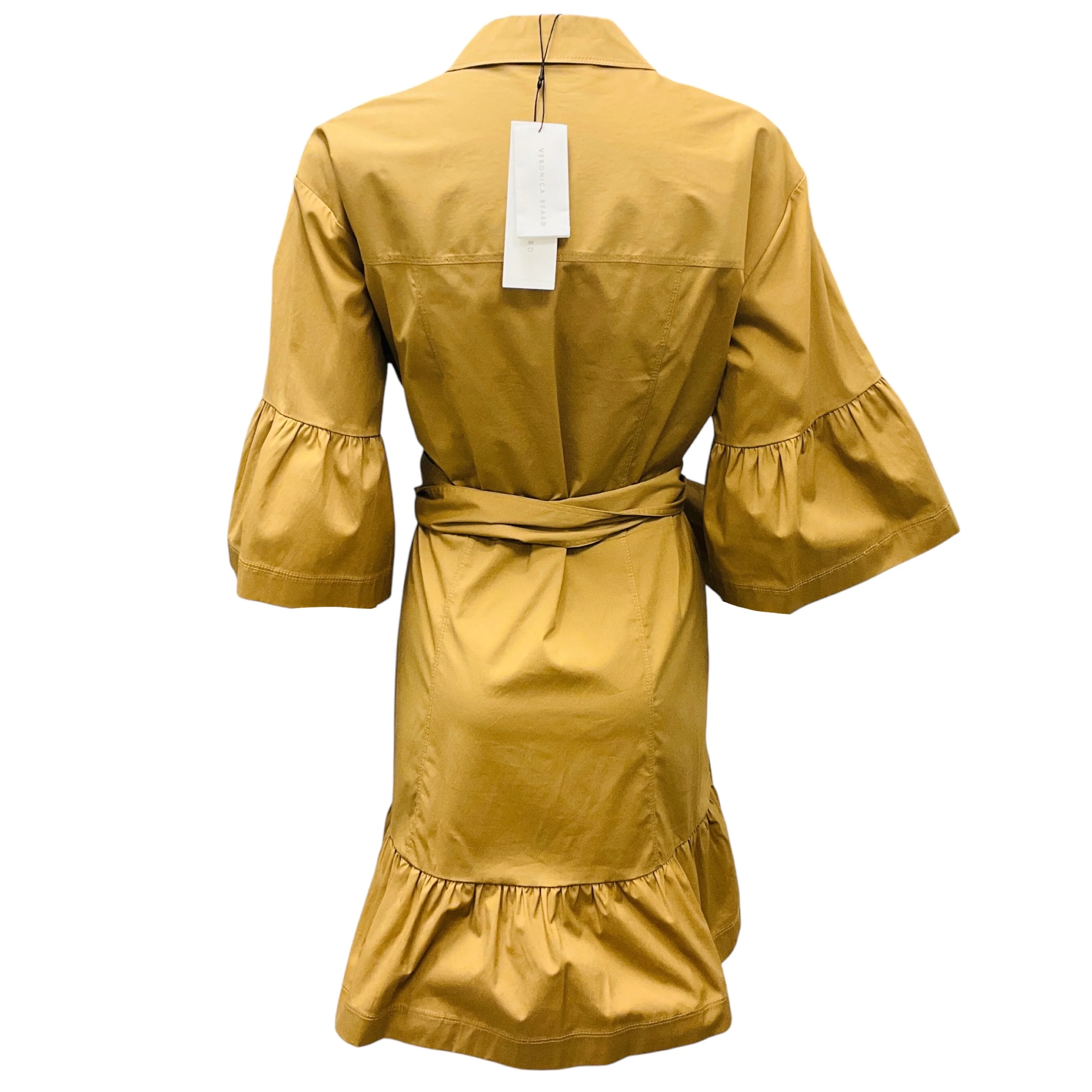 Veronica Beard Khaki Luriane Cotton Poplin Tie Waist Flounce Sleeve Mini Dress - Image 3