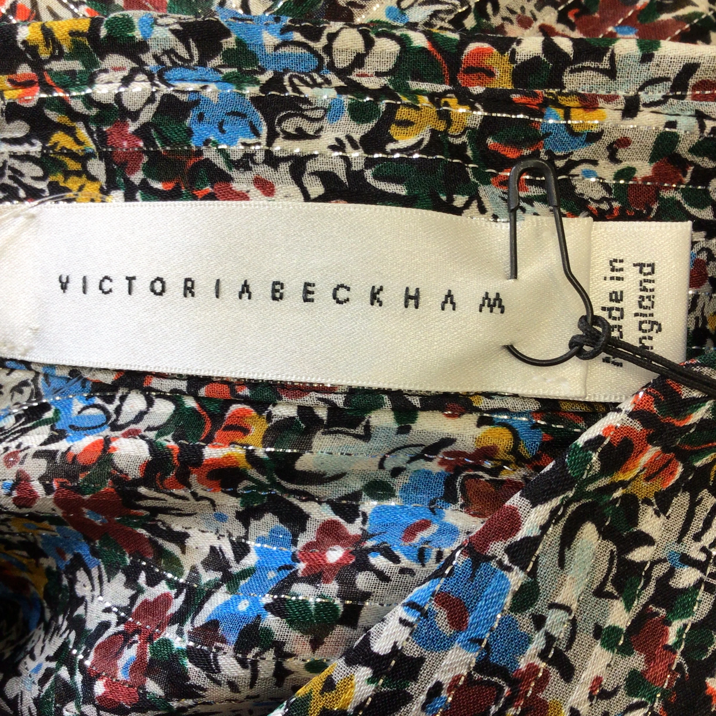 Victoria Beckham Black / Manchester Blue Multi Floral Lurex Stripe Oversized Silk Shirt - Image 4