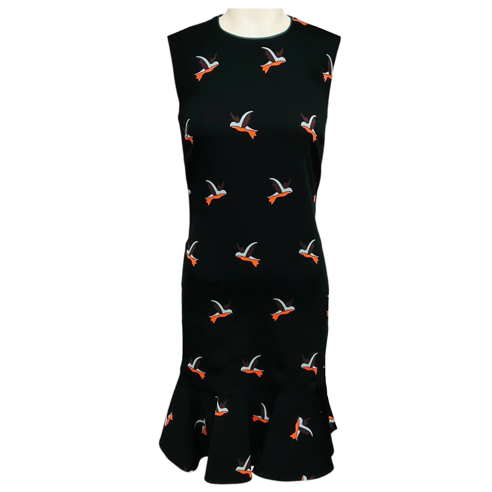 Victoria Beckham Black Multi Bird Print Ruffled Hem Sleeveless Crepe Dress
