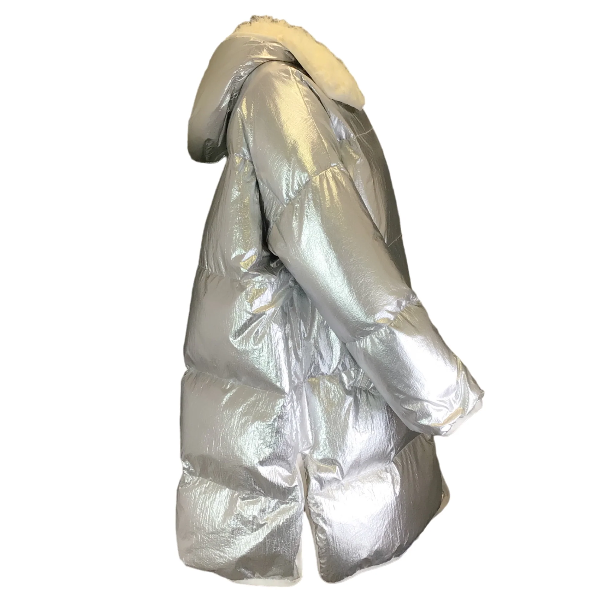 Yves Salomon Army Silver Metallic / Ivory Lamb Shearling Trimmed Hooded Quilted Down Puffer Coat - Image 2