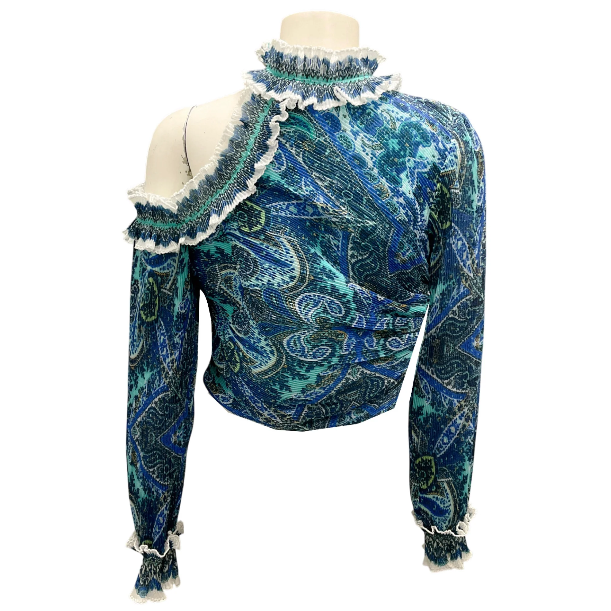 Zimmermann Blue Plisse Moncur Ruffle Neck Crop Top - Image 3