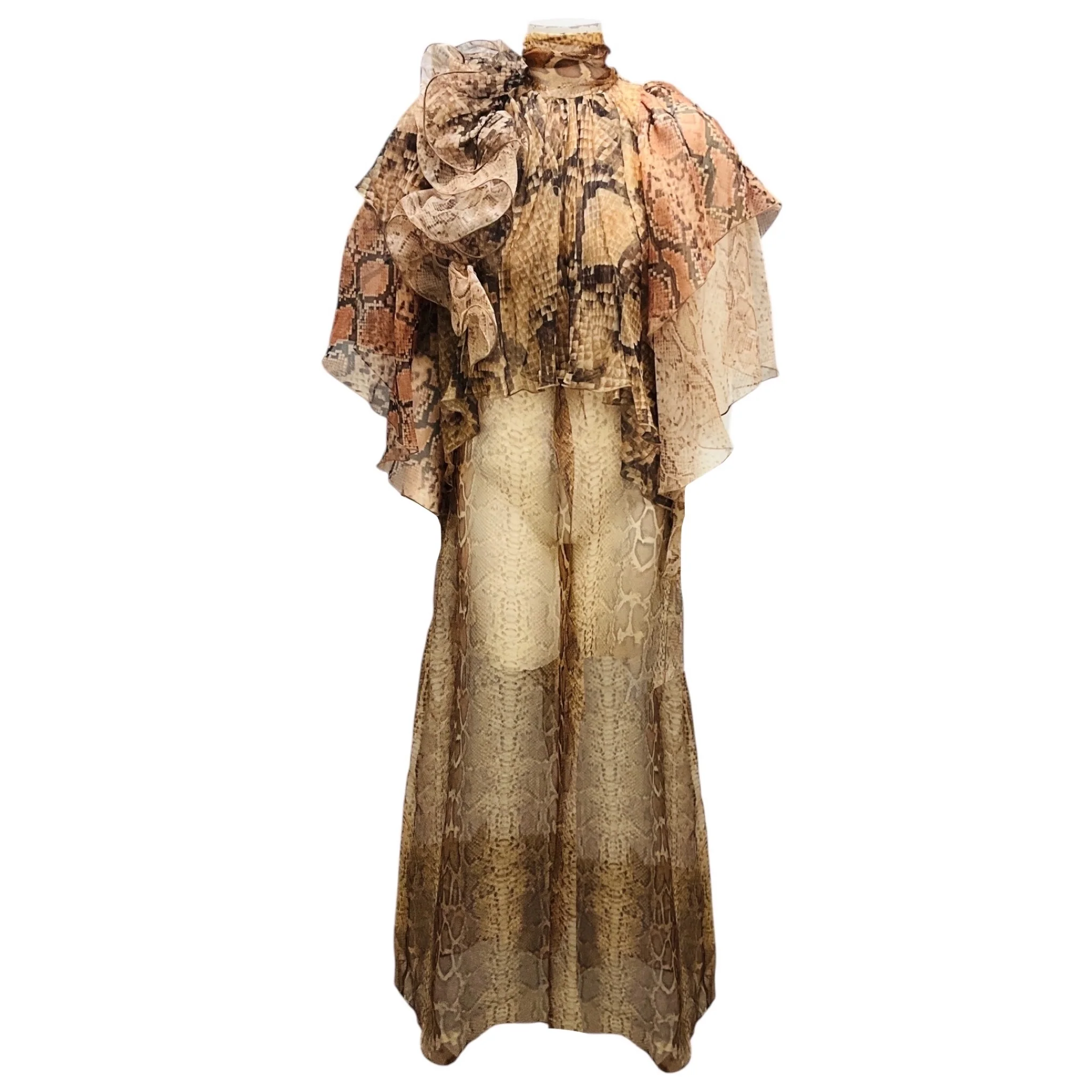 Zimmermann Brown Hypnotic Memento Billow Ruffled Snake Print Silk Organza Gown