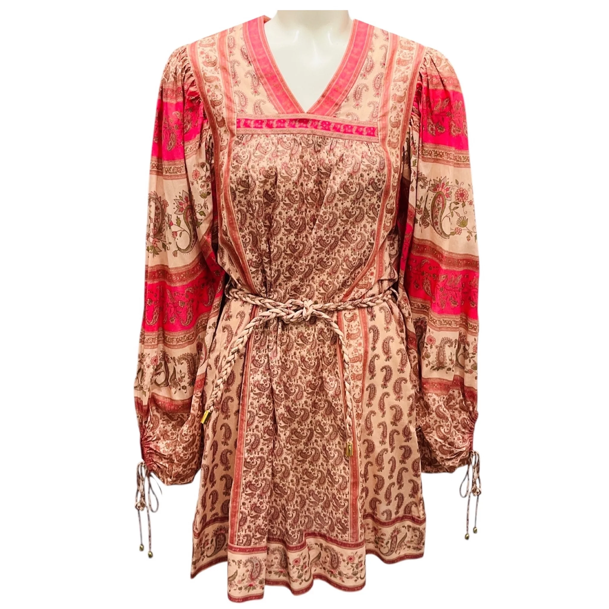 Zimmermann Light Pink / Fuchsia Paisley Printed Cotton Mini Dress with Rope Belt