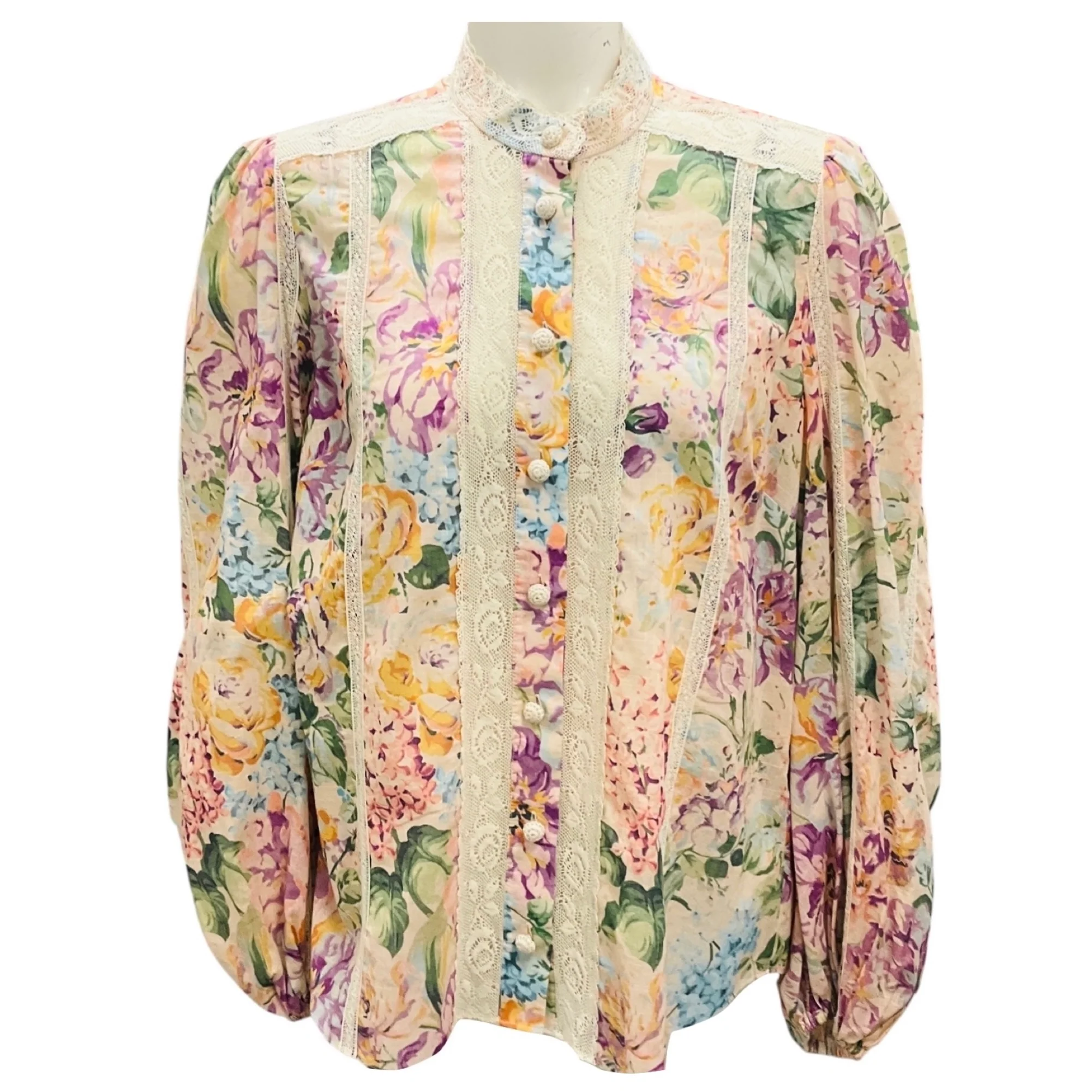 Zimmermann Multi Watercolour Floral Halliday Lace Trim Shirt
