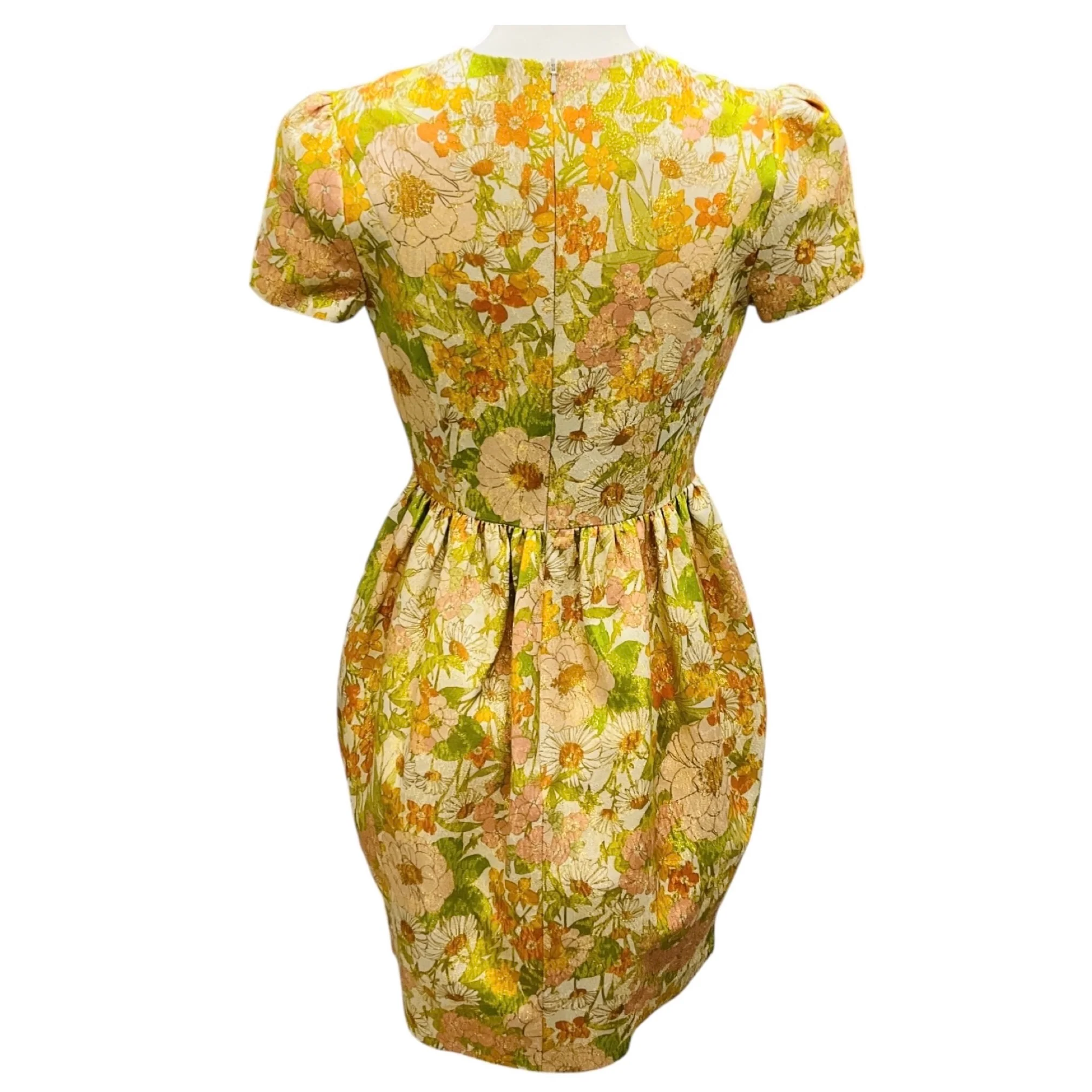 Zimmermann Yellow / Green / Orange / Gold Metallic Short Sleeved Floral Shimmer Mini Dress - Image 3