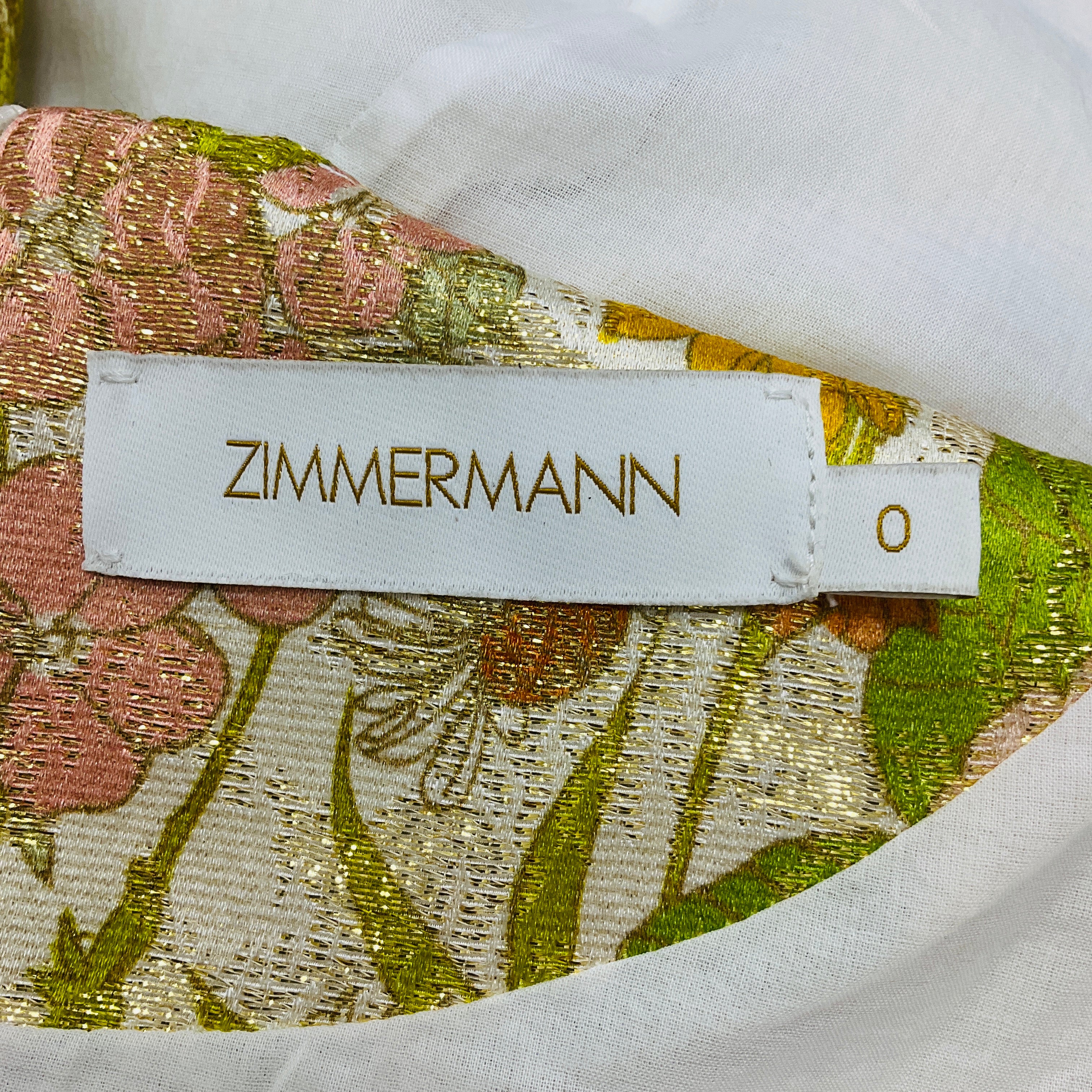 Zimmermann Yellow / Green / Orange / Gold Metallic Short Sleeved Floral Shimmer Mini Dress - Image 4